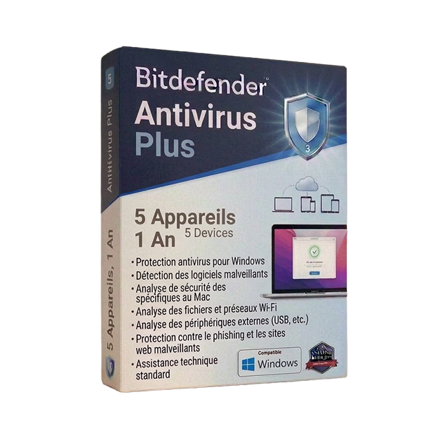 Bitdefender Antivirus Plus (5 appareils, 1 an)