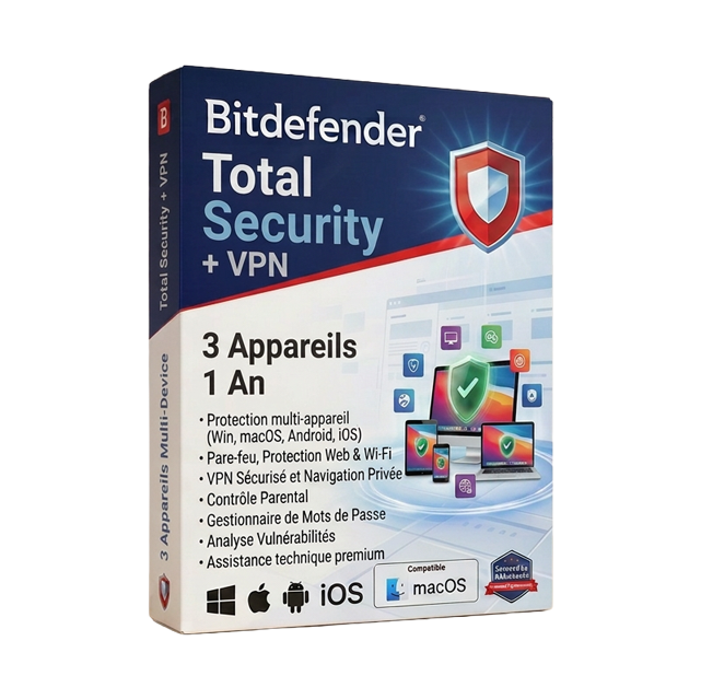 Bitdefender Total Security + VPN (3 appareils, 1 an)