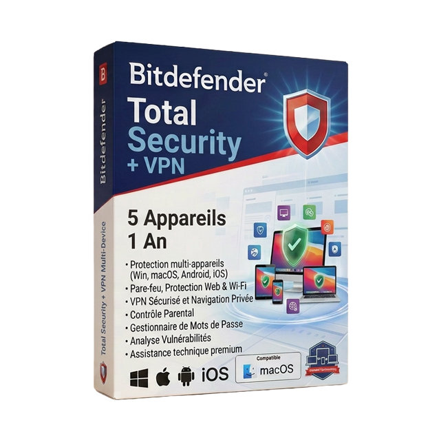 Bitdefender Total Security + VPN (5 appareils, 1 an)