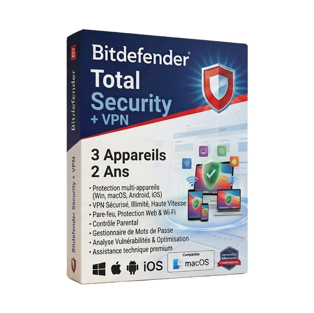 Bitdefender Total Security + VPN (3 appareils, 2 ans)