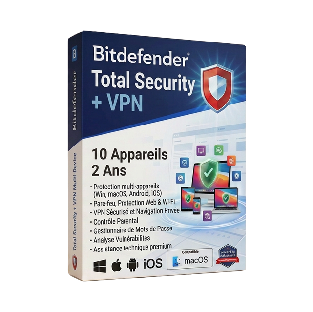 Bitdefender Total Security + VPN (10 appareils, 2 ans)
